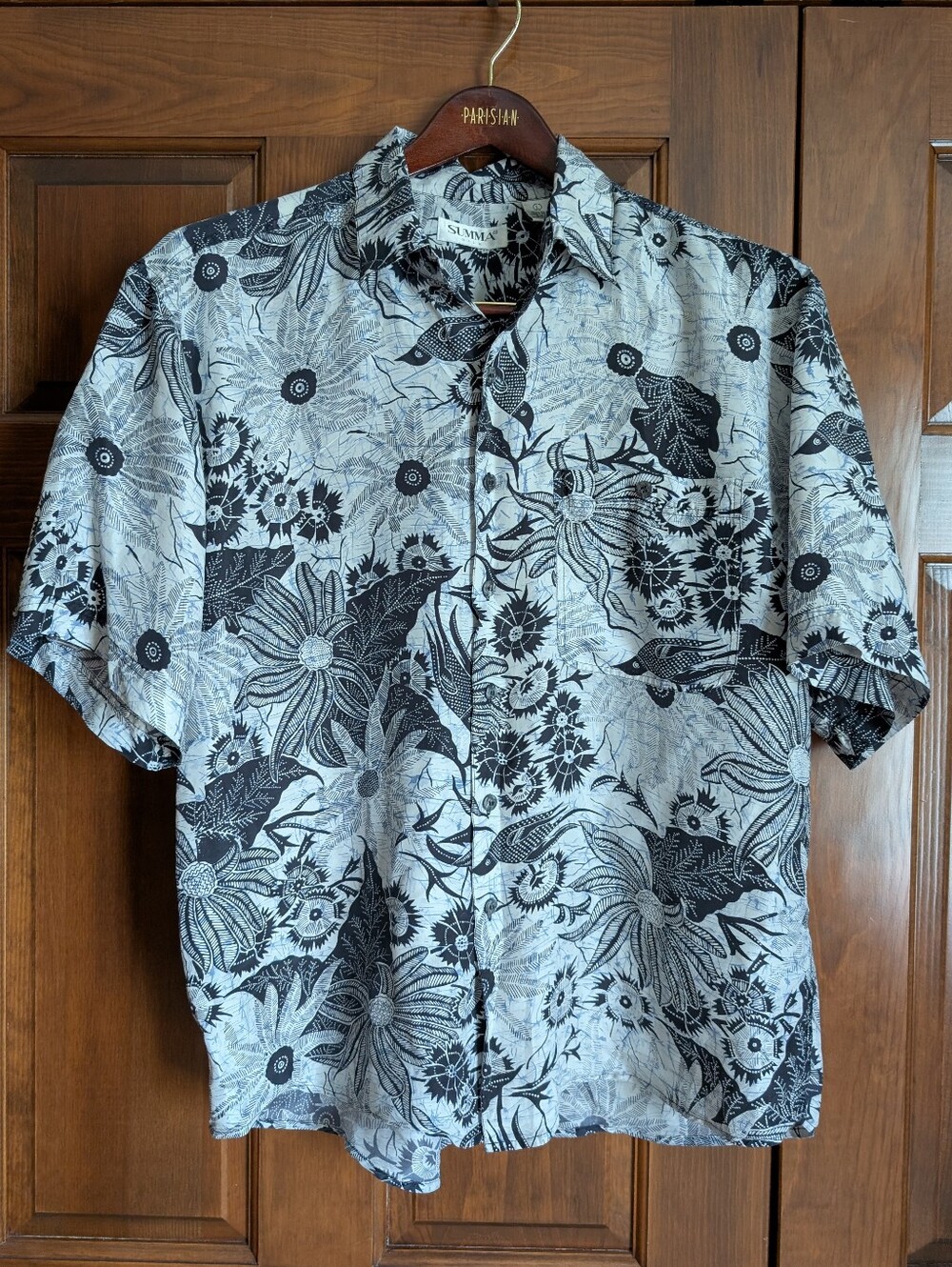 Men’s L 100% Silk Floral Button Down Shirt Black White Summa Silk Casual